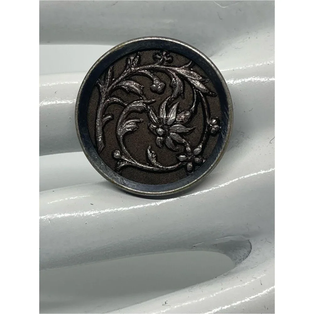 Hand Crafted Antique Metal Silver Floral Button Adjustable Ring NWT OS